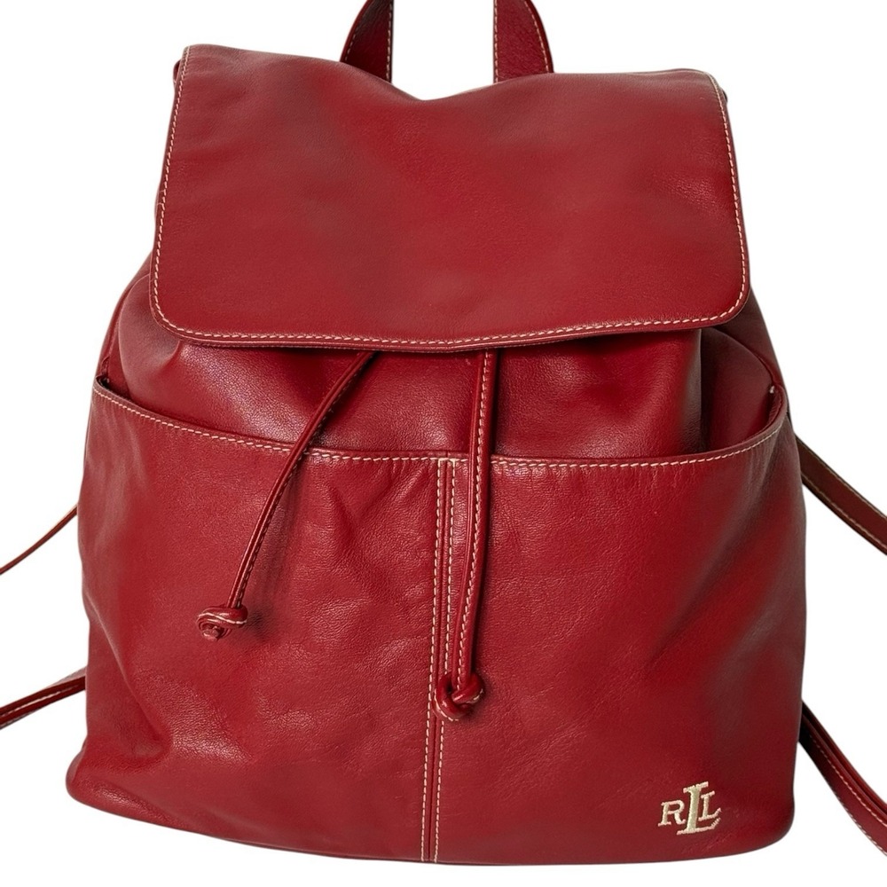 Lauren Ralph Lauren Red Backpack Shoulder Soft Leather Bag Pockets Adjustable - Picture 2 of 12